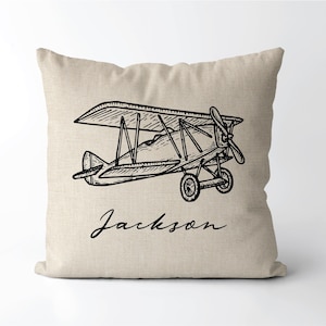Personalized Vintage Plane Name Pillow | Baby Airplane Gift | Kids Room Biplane | 1930 Fighter Airplane Nursery Decor | Aviator image 1