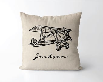 Personalized Vintage Plane Name Pillow | Baby Airplane Gift | Kids Room Biplane | 1930 Fighter Airplane Nursery Decor | Aviator