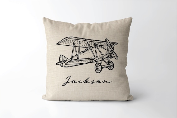Personalized Vintage Plane Name Pillow | Baby Airplane Gift | Kids Room Biplane | 1930 Fighter Airplane Nursery Decor | Aviator