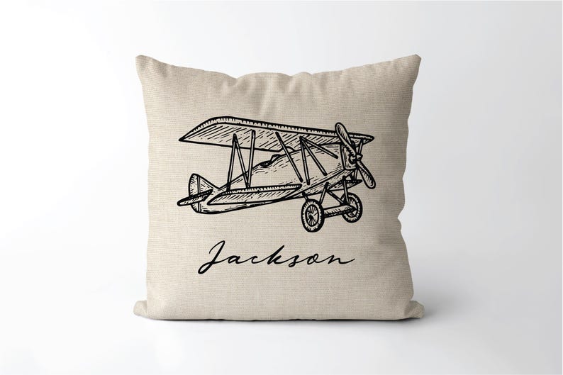 Personalized Vintage Plane Name Pillow | Baby Airplane Gift | Kids Room Biplane | 1930 Fighter Airplane Nursery Decor | Aviator image 1