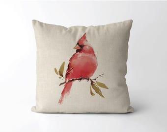 Red Cardinal Bird Pillow | Throw Cushion | Red Cardinal Decor | Christmas Watercolor Cardinal | Bird