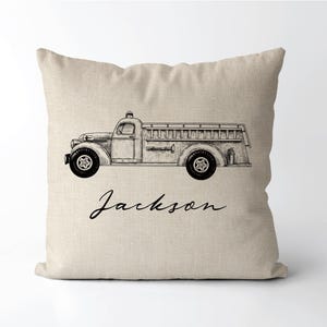 Vintage Firetruck Personalized Name Pillow | Baby Boy Gift | Kids Room | Firefighter Fire Engine Decor
