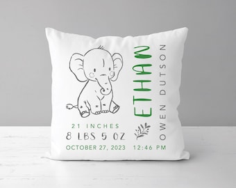 Woodland Nursery Elephant Birth Stats Pillow | Personalized Birth Announcement | Baby Boy Or Girl Gift | Jungle Nursery Decor