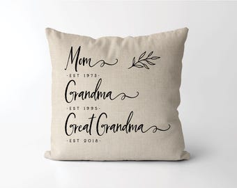 Mom, Grandma, Great Grandma Established pillow | Pregnancy Announcement | Great Grandmother Reveal | New Grandma Gift *