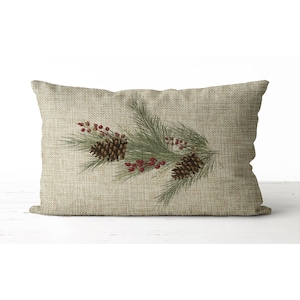 Winter Pine Branch Lumbar Pillow | Rustic Burlap Pine Cones And Berries Pillow | Christmas Decor Gift Pillow