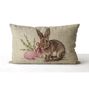 Watercolor Easter Bunny Pillow | lumbar accent pillow | Easter Egg | Easter Decor | Spring Pillow | Spring Decor | Burlap Easter Pillow image 1