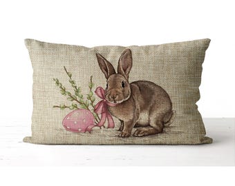 Watercolor Easter Bunny Pillow |  lumbar accent pillow | Easter Egg | Easter Decor | Spring Pillow | Spring Decor | Burlap Easter Pillow
