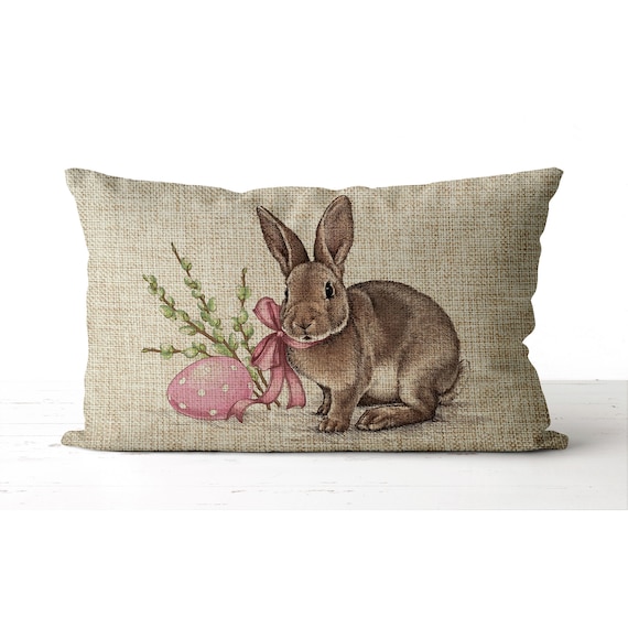 Watercolor Easter Bunny Pillow |  lumbar accent pillow | Easter Egg | Easter Decor | Spring Pillow | Spring Decor | Burlap Easter Pillow