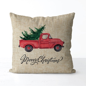 Vintage Christmas Tree Red Truck Pillow  |  Merry Christmas Decor | Watercolor Truck With Tree