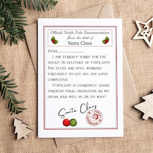 Carta de Papá Noel con regalo de Navidad retrasado / Notificación de regalo tardío / Descarga digital / Regalo de Navidad tardío / Lo siento por la demora