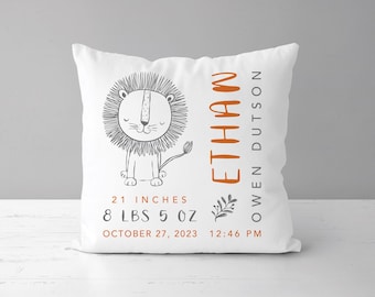 Woodland Nursery Lion Birth Stats Pillow  |  Personalized Birth Announcement  |  Baby Boy Or Girl Gift  |  Lion Nursery Decor *