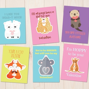 Niedliches Tier Valentine 6er-Set |  Druckbare Digitaler Download |  Klassenzimmer Valentinstag Karten für Kinder