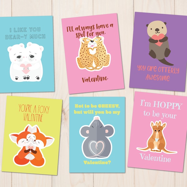 Cute Animal Valentine Set of 6  |  Printable Digital Download  |  Classroom Valentines Day Cards for Kids