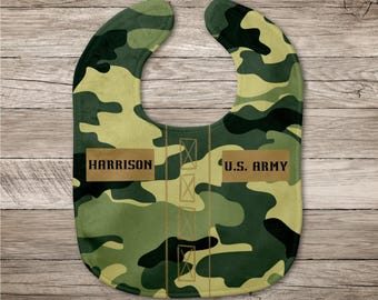 Amerikaans legergroen camouflage babyslabbetje |  Camouflage legerslaper | Militair moeder vader familiecadeau | Gepersonaliseerde naam babycadeau | Wees zoals papa of mama