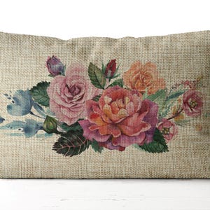 Vintage Flower Bouquet Pillow | lumbar accent pillow | watercolor flowers | botanical Spring Pillow | Spring Decor | Mother's Day Pillow image 1