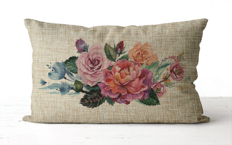 Vintage Flower Bouquet Pillow | lumbar accent pillow | watercolor flowers | botanical Spring Pillow | Spring Decor | Mother's Day Pillow image 1