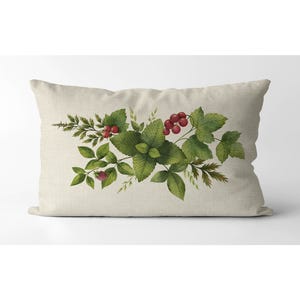 Raspberry and herbs Pillow | watercolor floral bouquet | lumbar accent botanical pillow | Spring Pillow | Spring Decor | Mother's Day gift image 2