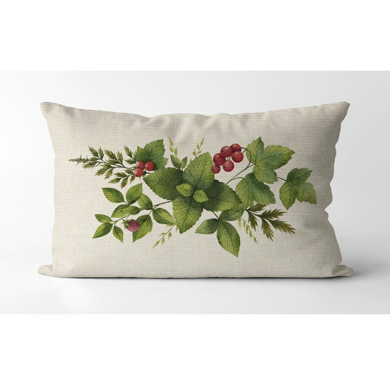 Raspberry and herbs Pillow | watercolor floral bouquet | lumbar accent botanical pillow | Spring Pillow | Spring Decor | Mother's Day gift image 2