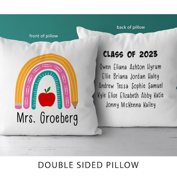 Regenbogen Kissen | Doppelseitig | Personalisiert mit dem Namen des Lehrers und des Schülers | Geschenk für Grundschullehrer *