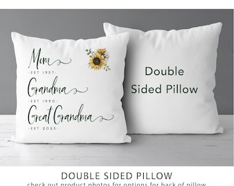 Sunflower Mom, Grandma, Great Grandma Established pillow | Pregnancy Announcement | Grandmother| New Grandma Gift Reveal *