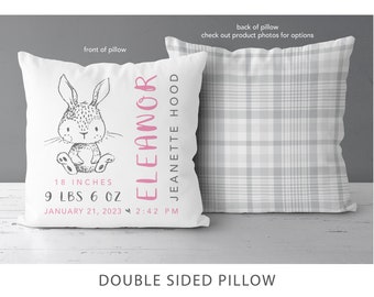 Woodland Nursery Bunny Birth Stats Pillow | Personalized Birth Announcement | Baby Boy Gift | Baby Girl Gift | Rabbit Nursery Decor *