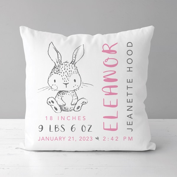 Woodland Nursery Bunny Birth Stats Pillow | Personalized Birth Announcement | Baby Boy Gift | Baby Girl Gift | Rabbit Nursery Decor *
