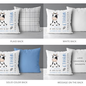 Cow Baby Birth Stats Pillow Cow Birth Announcement Personalized Baby Gift For Girl Or Boy Cow Nursery Decor image 2