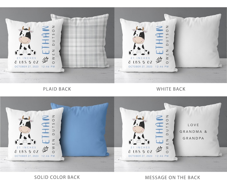 Cow Baby Birth Stats Pillow Cow Birth Announcement Personalized Baby Gift For Girl Or Boy Cow Nursery Decor image 2