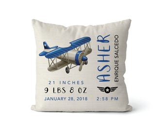 Personalized Airplane Baby Pillow | Baby Birth Stats  | boy gift | kids room | aviator | plane nursery decor | pilot baby announcement