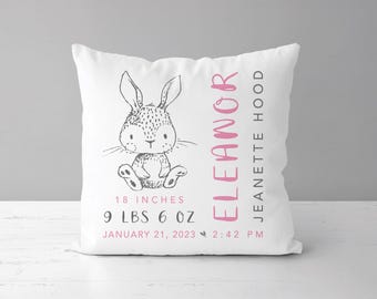 Woodland Nursery Bunny Birth Stats Pillow | Personalized Birth Announcement | Baby Boy Gift | Baby Girl Gift | Rabbit Nursery Decor *