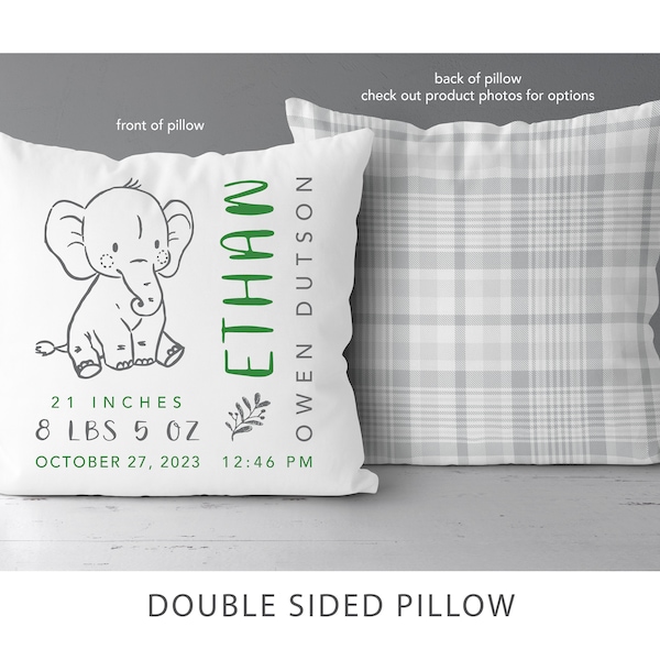 Woodland Nursery Elephant Birth Stats Pillow | Personalized Birth Announcement | Baby Boy Or Girl Gift | Jungle Nursery Decor *