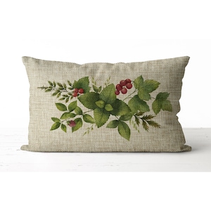 Raspberry and herbs Pillow | watercolor floral bouquet | lumbar accent botanical pillow | Spring Pillow | Spring Decor | Mother's Day gift