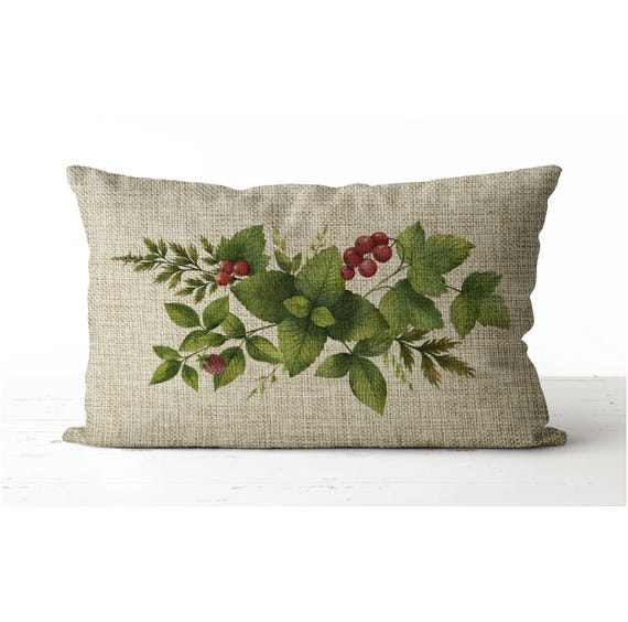 Raspberry and herbs Pillow | watercolor floral bouquet | lumbar accent botanical pillow | Spring Pillow | Spring Decor | Mother's Day gift