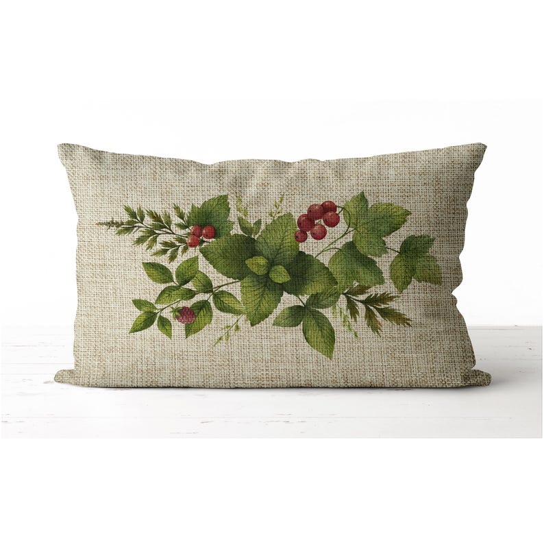 Raspberry and herbs Pillow | watercolor floral bouquet | lumbar accent botanical pillow | Spring Pillow | Spring Decor | Mother's Day gift image 1