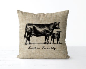 Personalized Vintage Cow Family Name Pillow | Family Farm | Farmhouse Decor | Anniversary Ranch  | Farmer Wedding Gift