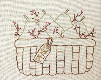 Free Shipping Hand Embroidered Pears in a Basket Kitchen Towel, 100% Cotton, Tea Towel, Bridal, Housewarming, Hostess gift