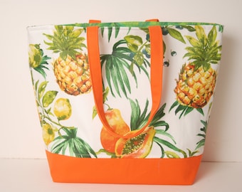 Tropical Fruit Fabric Tote-Tote Bag-Reusable Bag-Fabric Tote Bag-Patchwork Fabric Tote-Made in USA Bag