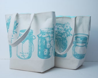 Shopping Bag-Tote Bag-Reusable Bag-Fabric Tote Bag-Turquoise Mason Jar Tote-Made in USA Bag