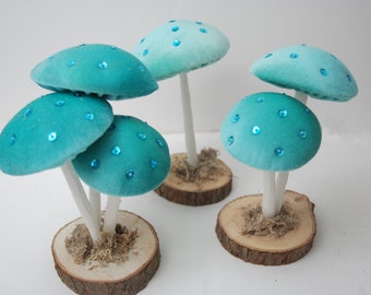 Turquoise Velvet Mushrooms-Mushroom Decorations-Toadstools