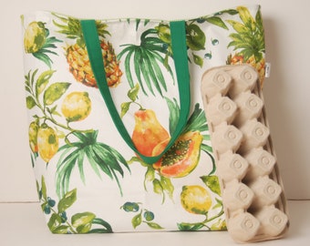 Tropical Fruit Oilcloth Fabric Shopping Bag-Reusable Bag-Handmade Fabric Bag-Fabric Tote Bag-Made in USA Bag-Free Shipping