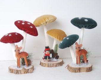 Christmas Decor-Red Velvet Mushrooms-Flocked DeerDecorations