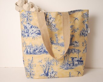 Blue and Yellow Toile Fabric Shopping Bag-Reusable Bag-Handmade Fabric Bag-Fabric Tote Bag-Made in USA Bag-Free Shipping