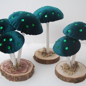 Dark Green Velvet Mushrooms-Mushroom Decorations-Toadstools