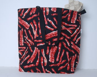 Bacon Fabric Shopping Bag-Reusable Bag-Handmade Fabric Bag-Bacon Fabric Tote Bag-Made in USA Bag