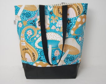 Turquoise and Gold Mushroom Fabric Purse-Tote Bag-Reusable Bag-Fabric Tote Bag-Made in USA Bag