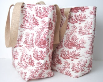 Red and White Toile Fabric Shopping Bag-Reusable Bag-Handmade Fabric Bag-Fabric Tote Bag-Made in USA Bag-Free Shipping