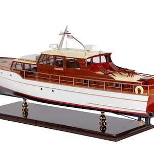 1950s Classic Motor Yacht Model - Modern Boat Model - Wooden Boat Decor, Handcrafted Yacht Model, Room Decor, Home Decor
