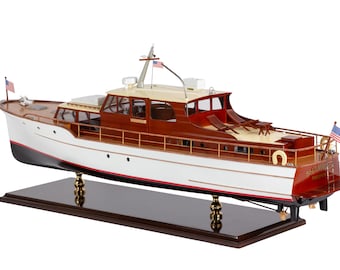 1950s Classic Motor Yacht Model - Modern Boat Model - Wooden Boat Decor, Handcrafted Yacht Model, Room Decor, Home Decor