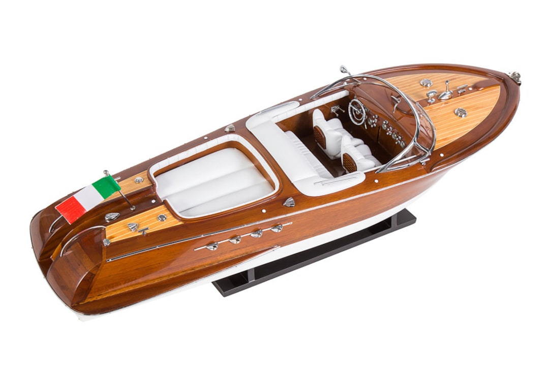 RANLIS Riva Aquarama 21" Wood Model Boat - White Seat, Fully Assembled Display (1:15 Scale)