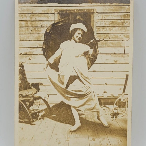 Woman Playful Pose~Deco Era Photo~Holding Parasol and Skirt Dance Step